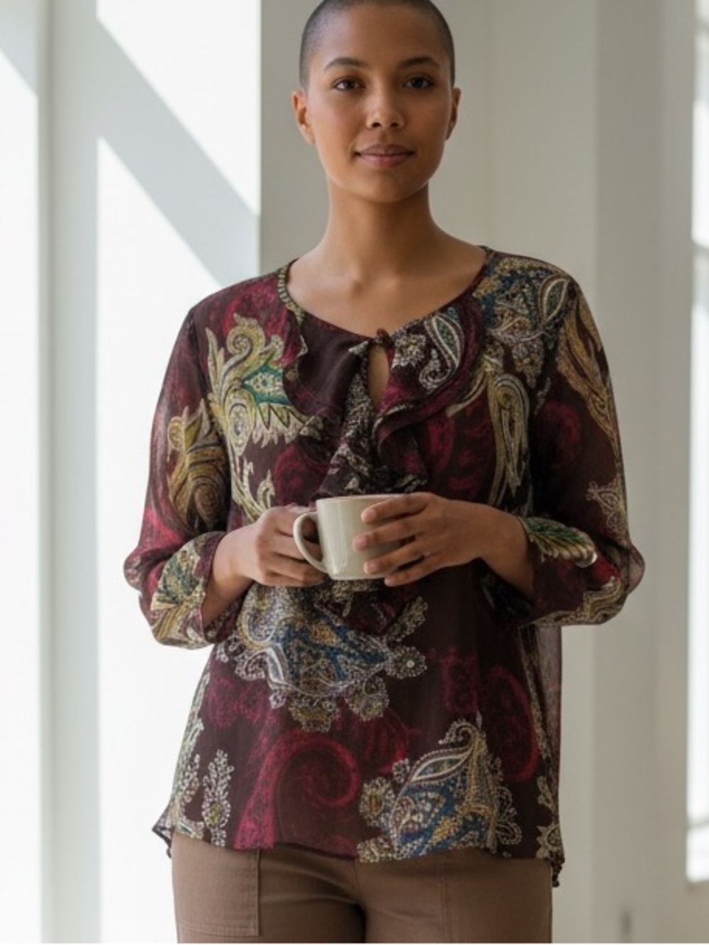 SUSAN GRAVER RUFFLE FRONT SHEER PAISLEY BLOUSE IN BROWN BURGUNDY OLIVE & TEAL 3X